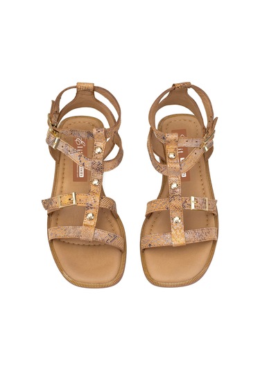 Elit Talia Kadın Hakiki Deri Düz Sandalet Taba Taba