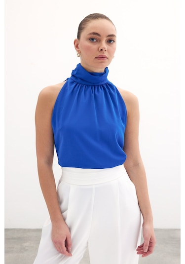 Sateen Kolsuz Salaş Bluz - Sax Mavi-131489 Sax Mavi