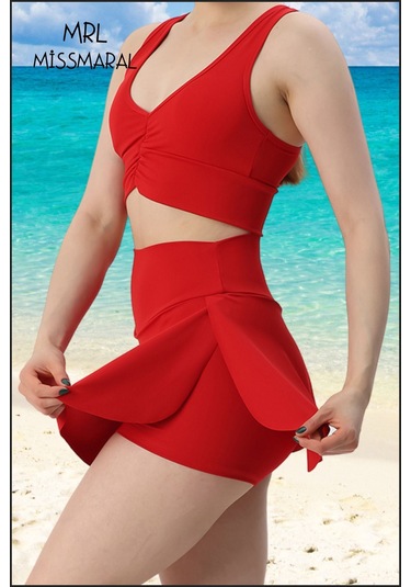 Mini Şort Etek Görünümü Etek Içi Şortlu Cepli Spor Tasarım Tenis Deniz Havuz Fitness Kırmızı 1107 Kırmızı
