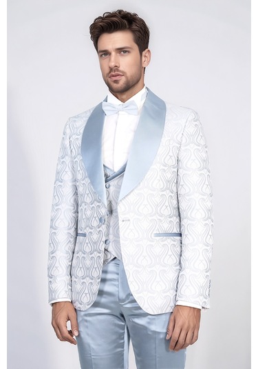 Dalgalı Desenli S Al Yaka Yelekli Buz Mavi Smokin - Wessi İndigo