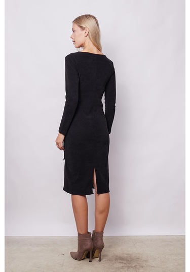 Kadın Hafif Likralı Triko Kruvaze Anvelop Bağcıklı Uzun Kol Diz Altı Uzun Elbise-siyah Siyah