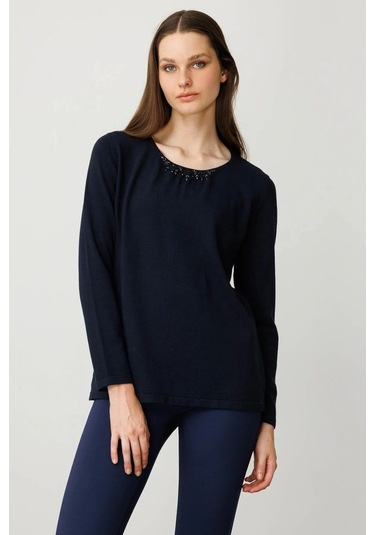 Desen Triko Sıfır Yaka Dantel Çiçek İşlemeli Kadın Bluz 25093 Lacivert