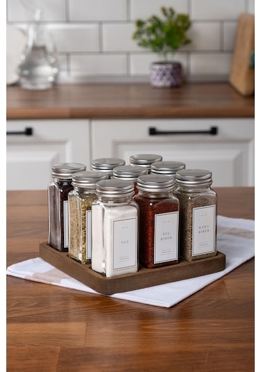 Mienda Home 9'lu Ahşap Standlı Cam Baharatlık Seti Kapaklı Etiketli Baharatlık Mh01slvr09 Beyaz - Şeffaf