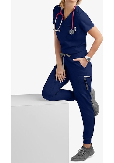 Dolıty Hemşirelik Ovalama Seti V Yaka Hemşire İş L-koyu-mavi