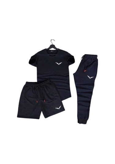 Fifty Color Kanat Baskılı 3'lü Slim Fit Unisex Tshirt-Şort-Eşofman Takımı - Siyah