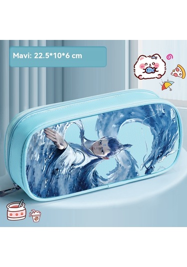 İlkokul Öğrencilerinin Labubu Çizgi Film Çift Katlı Basit Büyük Kapasiteli Kalem Kutusu MAvi
