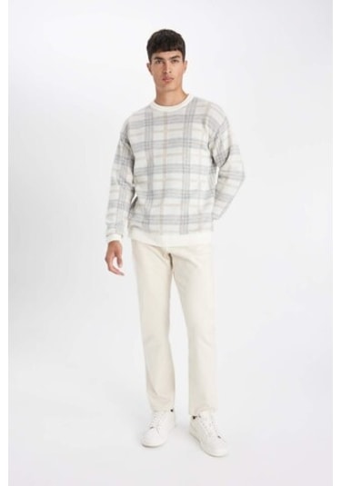 DeFacto Relax Fit Bisiklet Yaka Desenli Triko Kazak Y0619AZ24AUBG216 Bej