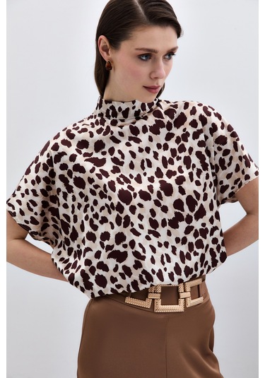 Sateen Yarasa Kol Salaş Bluz - Bej-kahve-135941 Bej-kahve