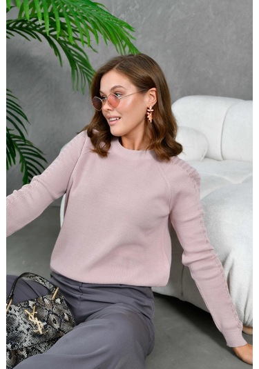 Kadın Bisiklet Yaka Kolları Ajurlu Basic Triko Kazak Pudra