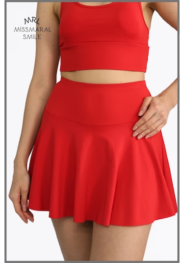 Kırmızı Etek Içi Sabit Şortlu Lycralı Yüksek Bel Skirt With Shorts Casual Beachwear Tennis 1101 Kırmızı