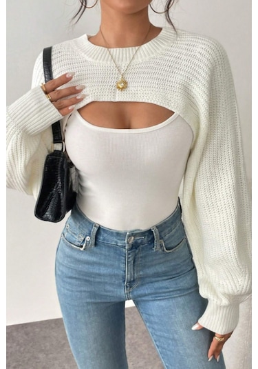 Tarz Cool Kadın Beyaz Dekolteli Crop Triko Bolero Beyaz