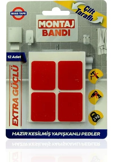 Boss Tape 3876 Çift Taraflı Ekstra Güçlü Montaj Bandı Ped 25mmx30mm 12li Blister
