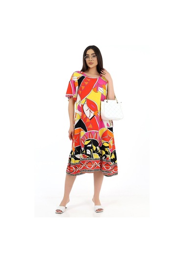 Schık Kadın Viskon Yarım Kol O Yaka Cepli Fırfırlı Elbise Orange Orange