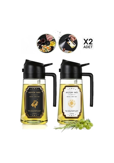 2 Adet Çift Fonksiyonlu Cam Sprey Yağdanlık 450ml Zeytinyağı Sıvıyağ Şişe Etiketli Airfryer Yağlık Siyah