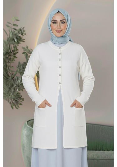Yeni Sezon Dizboy Kadın Ceket -sakal İplik, Yaka Düğmeli, İki Cepli, Günlük, Şık Kombinler İçin Beyaz