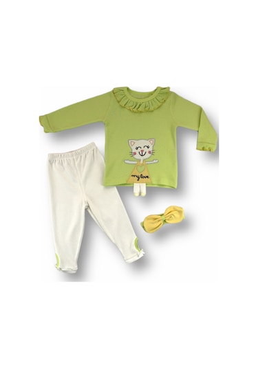 6-9 9-12 12-18 Ay Elbiseli Kedi Nakışlı Bandanalı Uzun Kollu Sweat 3lü Kız Bebek Takımı Yeşil