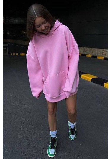 Madmext Pembe Kapüşonlu Şardonlu Oversize Sweatshirt Mg1566 Pembe