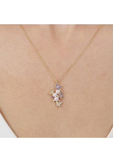 Ametist Taşlı Kelebek Valsi Gold Renk Gümüş Kolye