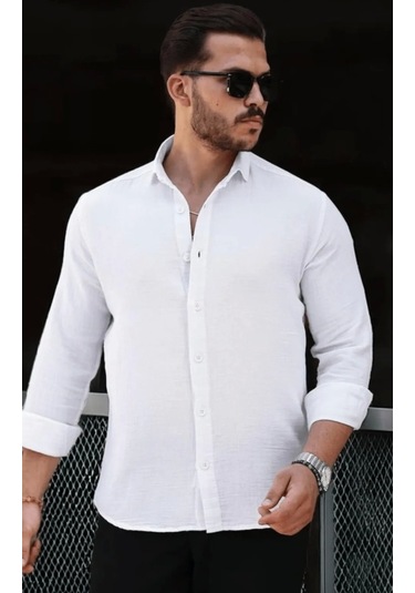 Erkek Müslin Kumaş Uzun Kol Yakalı Beyaz Gömlek Beyaz