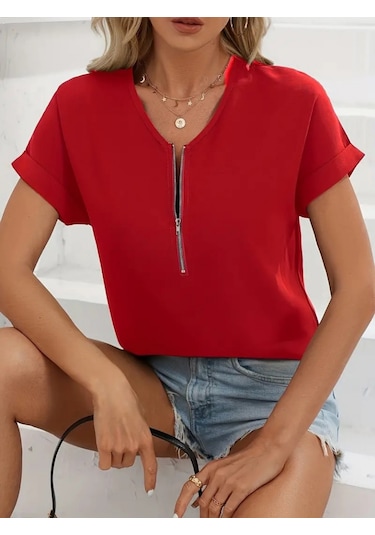 Ahes Shopping Kadın Kısa Kollu V Yaka Fermuarlı Salaş Sandy Bluz Kırmızı