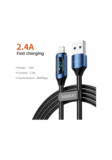 Toocki Led Ekran Usb Kablosu İphone Uyumlu 14 13 12 11 Pro Max Hızlı Şarj Cihazı Şarj 2.4a Blue 2m Diğer