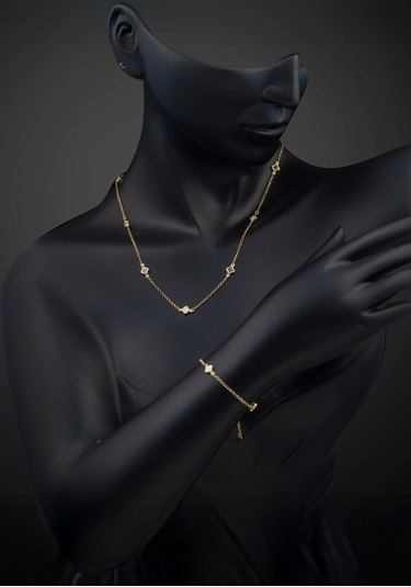 Bilezikci Siyah Beyaz Yoncalı 14 Ayar Altın Set