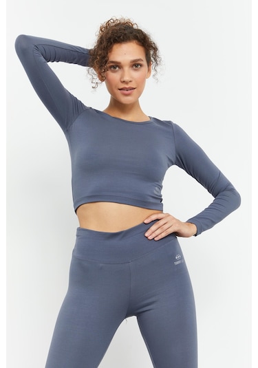 Tommy Life Petrol Uzun Kollu Dar Kalıp O Yaka Kadın Crop Top T-shirt - 97150 Petrol