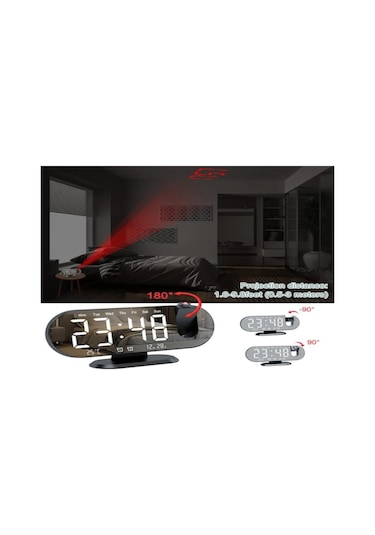 Youtek Siyah Kasa Beyaz Işıklı Dijital Projeksiyon Saat, Led Ekranlı Sicaklık-nem Gösterici, Ayna Yüzeyli Elektrikli Saat Diğer