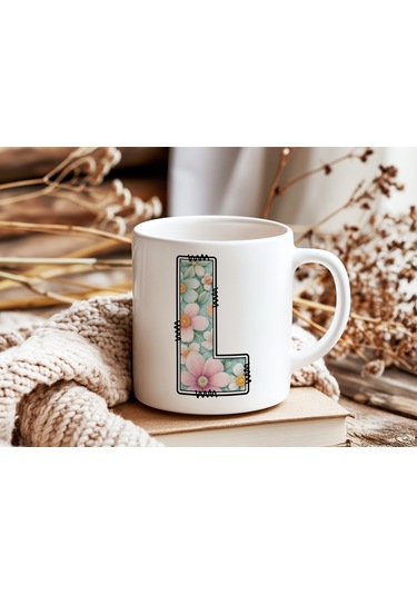 L Harfli Pastel Çiçek Desenli Kahve Kupası - Kişiye Özel Çiçekler Koleksiyonu Bardak - Hediye Beyaz