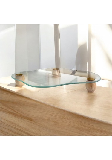 3 Ayaklı Cam Sunumluk Şık Ahşap Ayaklı Servis Tabağı Çok Renkli