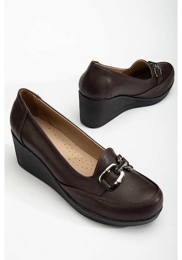 Kadın Dolgu Topuklu Ayakkabı Kahve Yüzlü Tokalı-3676 Kahve