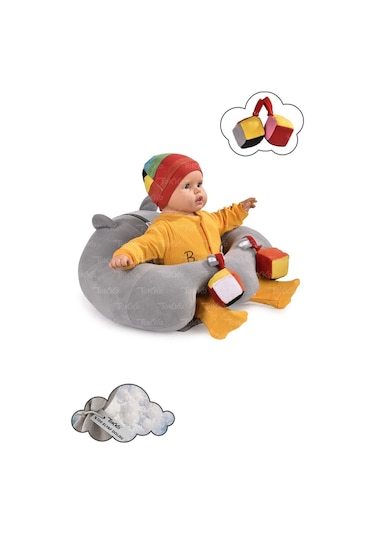 Oyuncaklı Bebek Oturma Destek Minderi - Devrilmez Bebek Koltuğu - Elyaflı Büyük Bebek Oturağı Gri