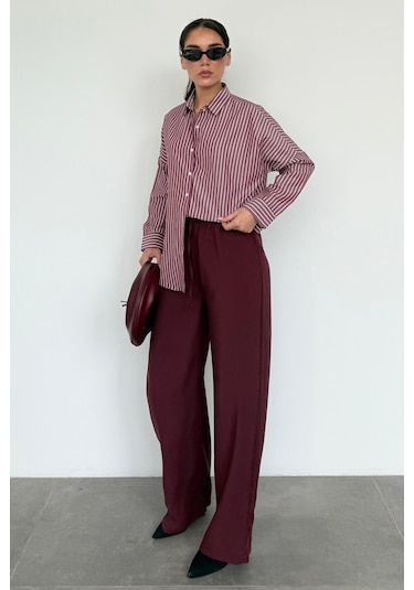 Madmext Bordo Çizgili Kadın Gömlek Mg2410 Bordo