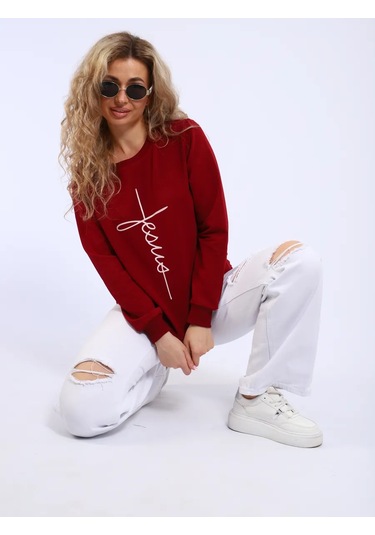 Bakr Textil Baskılı, İçsiz, Kapüşonsuz Oversize Sweatshirt 446720688 Bordo