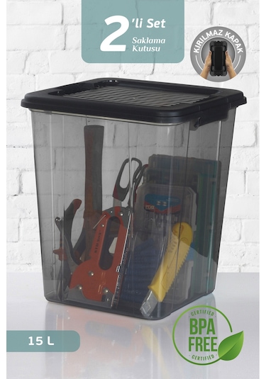 2'li Megabox 15l Saklama Kabı - Kilitli Kapaklı Çok Amaçlı Düzenleyici Kiler Depolama Saklama Kutusu Siyah
