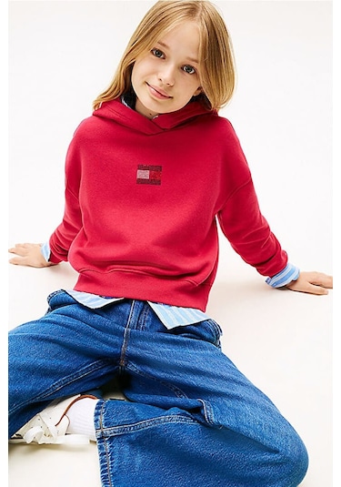 Kız Çocuk Rahat Kalıp Taşlı Amblemli Kapüşonlu Sweatshirt - Kırmızı Ruby Rhubarb