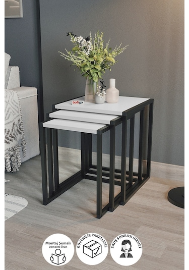 Bofigo 3'lü Metal Zigon Sehpa Zigon Sehpa Orta Sehpa Yan Sehpa Beyaz