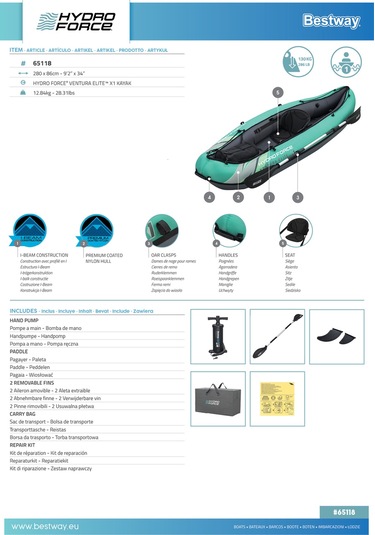 Hydro-force 65118 Ventura Elite X1 Tek Kişilik Kano 2.80m X 86cm