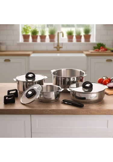 Emsan Steel Click 7 Parça Tencere Seti Açık Gri Gümüş