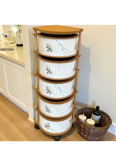5 Katlı Ahşap Sebzelik Tekerlekli Naturel Gıdaya Uygun Kaliteli Mdf Modern Beyaz - Kahverengi