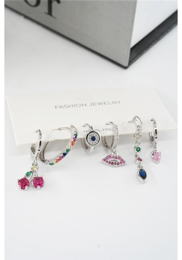 Kadın Vip Seri Mix Zirkon Taşlı 6'lı Küpe Seti Çok Renkli