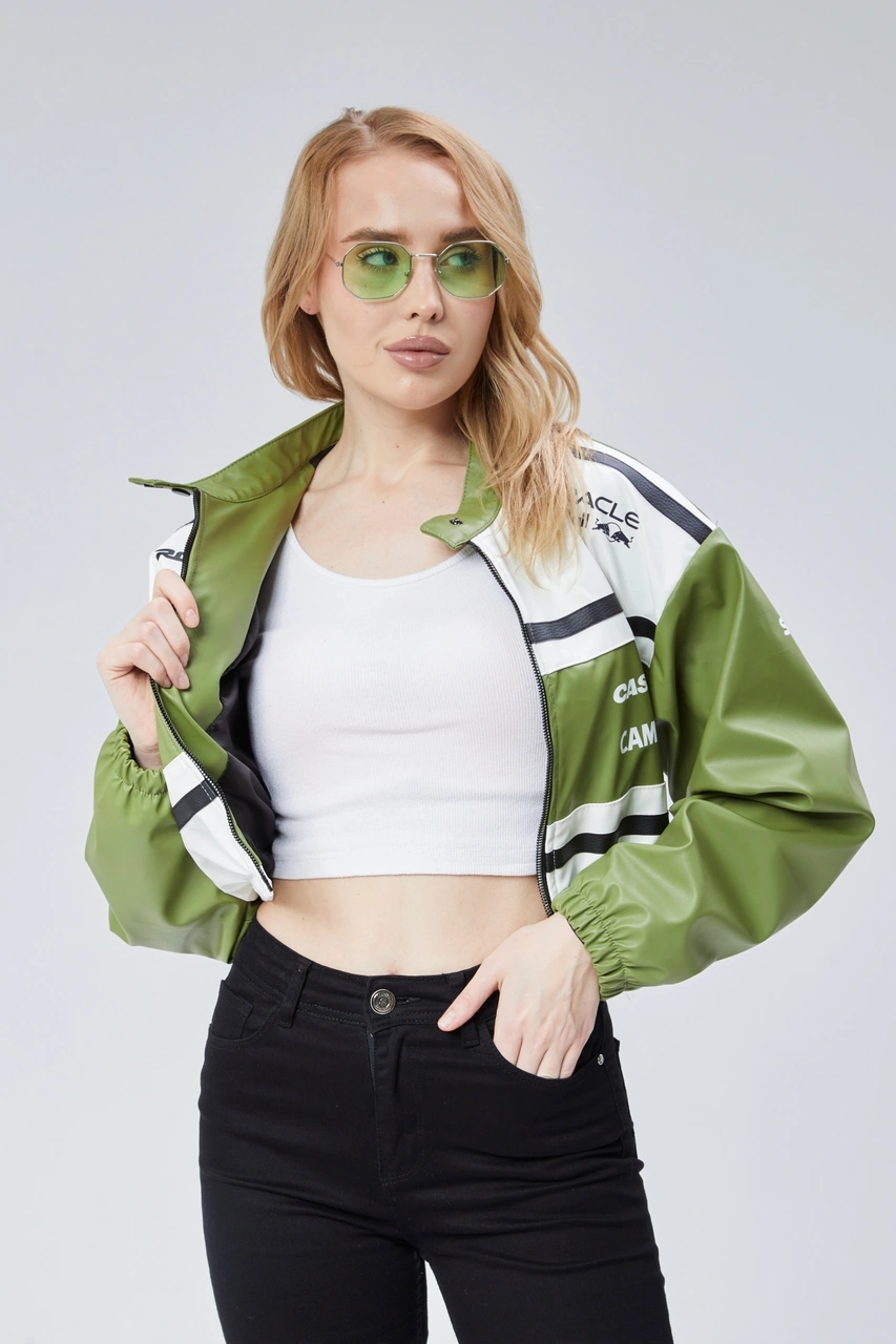 Kadın Deri Baskılı Şeritli Ceket Beli Ve Kolu Lastikli Kolej Hakim Yaka Bomber Yarışçı Motorcu Mont Yeşil