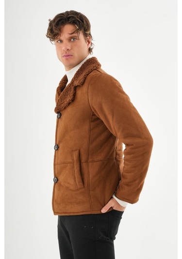 Erkek Regular Fit İçi Kürklü Düğmeli Katlı Yaka Yandan Cepli Klasik Süet Mont Kahverengi