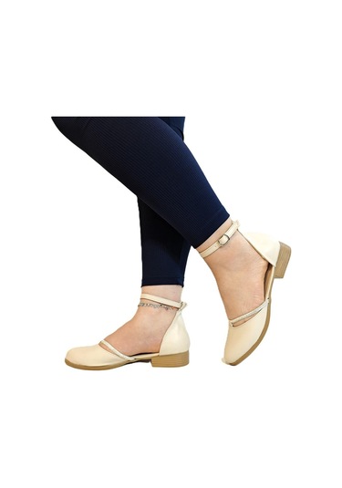 Fiyra 4050 Bej Taşlı Bilek Bağlı Karnıyarık Bayan Babet Sandalet Bej
