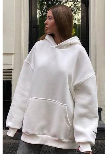 Madmext Beyaz Kapüşonlu Şardonlu Oversize Sweatshirt Mg1566 Beyaz