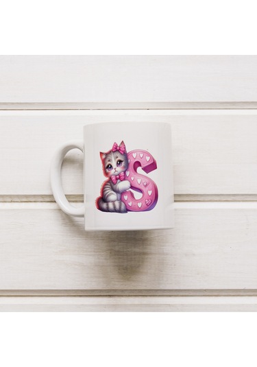S Harfli Bardak, Sevimli Kedili Pembe Tasarım Bardak, Arkadaşa Aileye Hediye Porselen Beyaz
