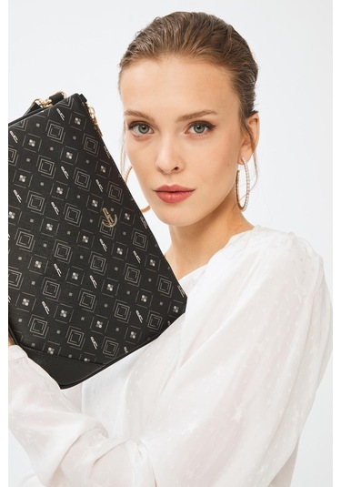 Deri Company Kadın Basic Clutch Çanta Monogram Desenli Siyah Gri 214002 Siyah - Siyah