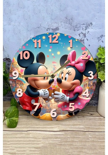 Mickey & Minnie Temalı Renkli Mdf Duvar Saati 3d Görünümlü, Sessiz Mekanizmalı, 2d Hd Baskı Sdw242 Renkli