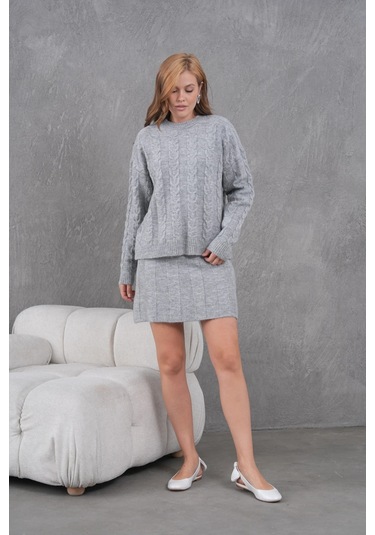 Kadın Bisiklet Yaka Saç Örgü Kazak Etek İkili Triko Takım Gri