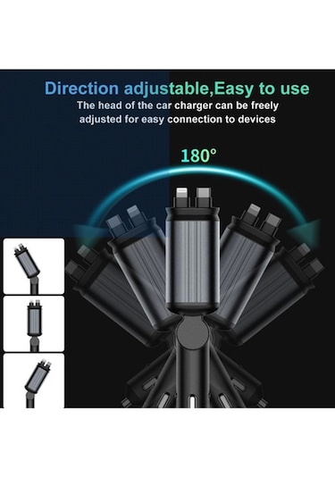 Vtn-01 4'ü 1 Arada Type-c Pd Hızlı Şarjlı 66w ,geri Çekilebilir Araç Telefonu Şarj Cihazı Siyah